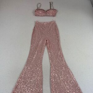 FAERIESTY Pink Sequin 2 Piece Set Rhinestone Chain Strap Flare Pants Size Small
